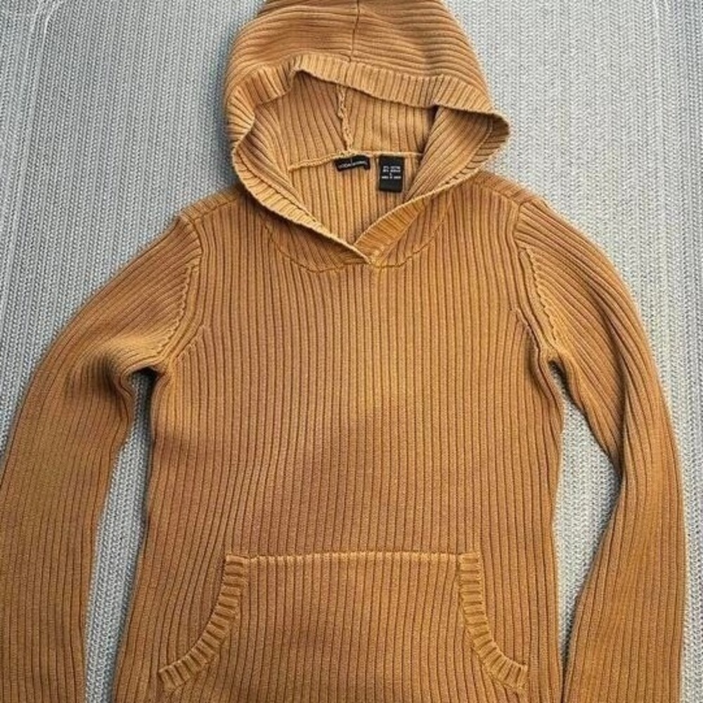 Moda International Sweater Hoodie Ribbed Knit Cotton Blend Camel Tan Large L